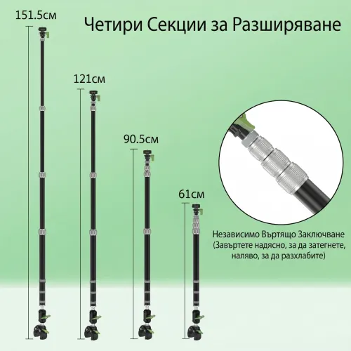 Четири секции на телескопичната стойка с размери.