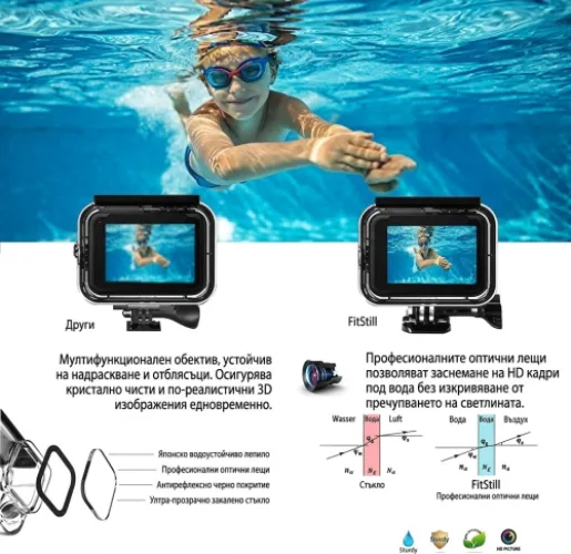 Дете плува с GoPro калъф под вода, показваща HD изображение.