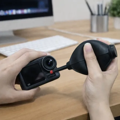 Почистване на камера с пневматичен устройвто с ръка, в офис среда.