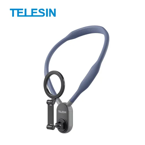 Магнитна стойка за врат с телефон, в син цвят на фона.