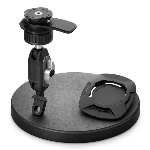 Демпферна стойка за телефон с монтажна основа и захващане към основа на огледало и други обли повърхности.