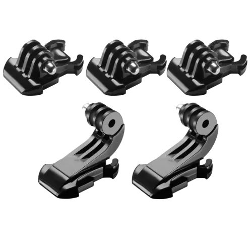 Комплект от пет черни адаптера за GoPro с две J-Hook щипки и три плоски адаптера.
