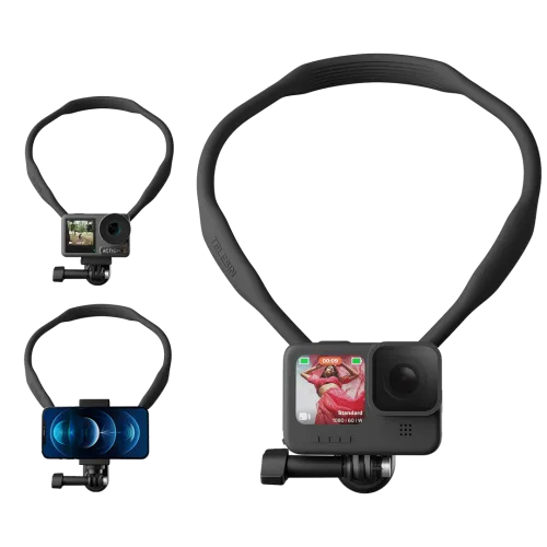 Стойка за врата с екшън камера, показваща различни ъгли на захващане.